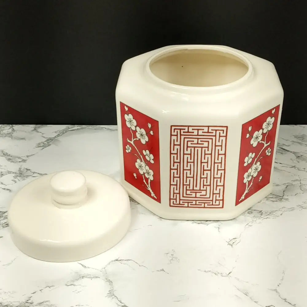 Tea / Spice Jar Japan 1979 Octagon Red Cherry Blossom Vintage Decor