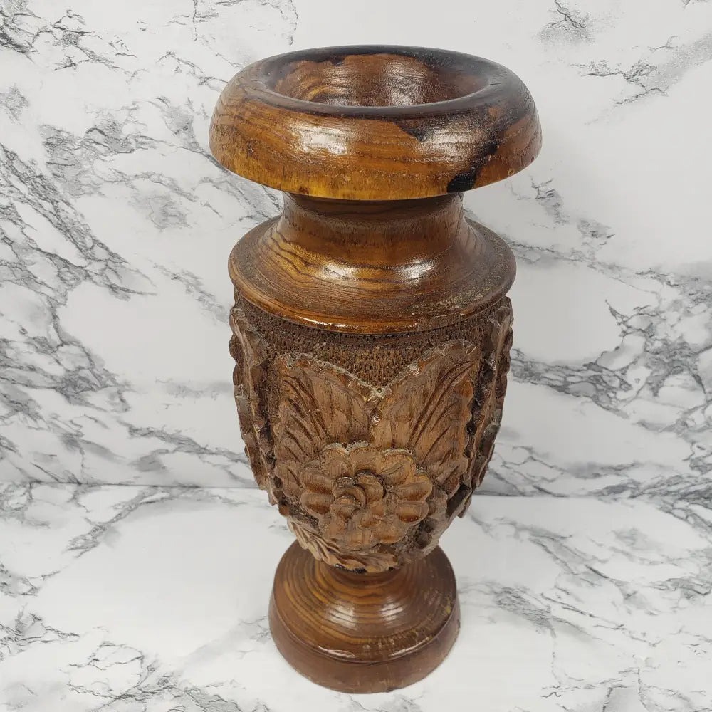 Vase Solid Wood Hand Carved Flowers Vintage Decor