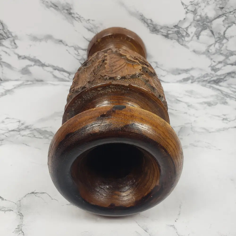 Vase Solid Wood Hand Carved Flowers Vintage Decor