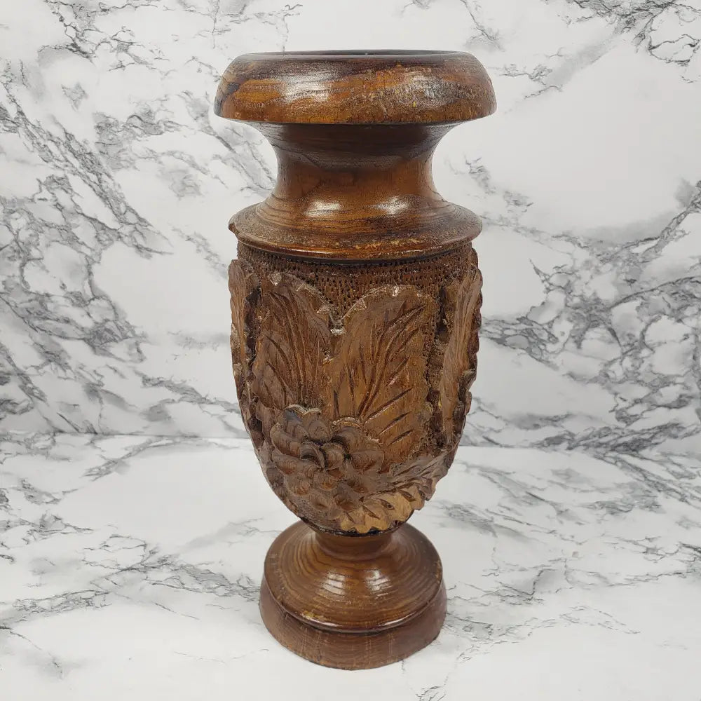 Vase Solid Wood Hand Carved Flowers Vintage Decor