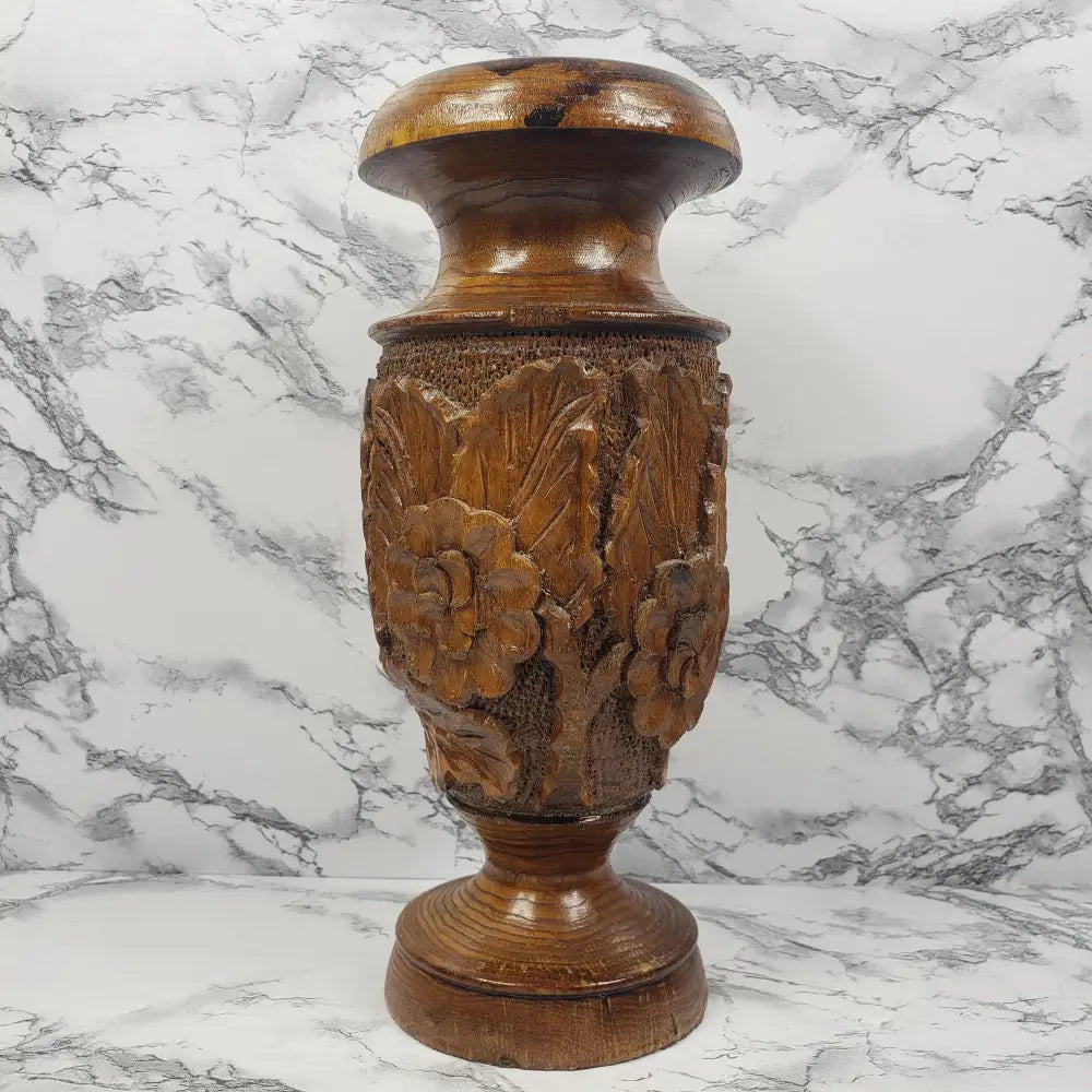 Vase Solid Wood Hand Carved Flowers Vintage Decor