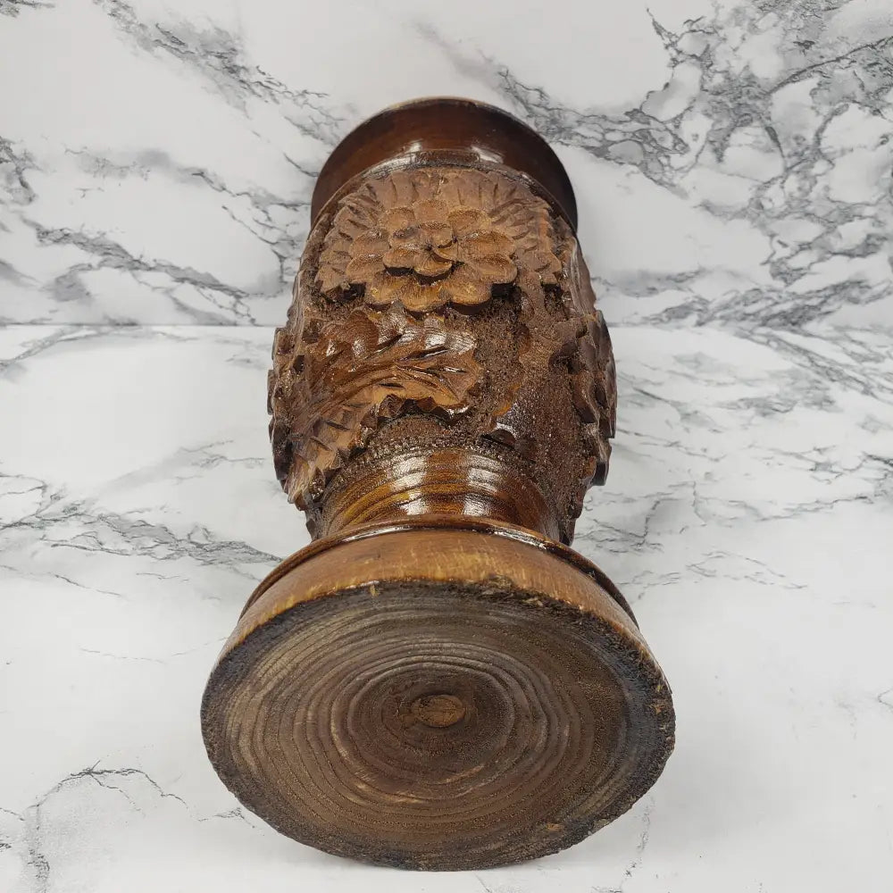 Vase Solid Wood Hand Carved Flowers Vintage Decor