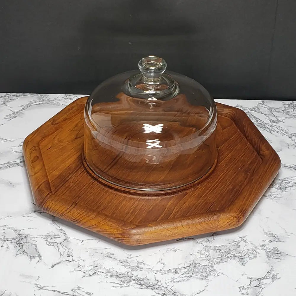Vintage Teakwood Charcuterie Cheese Board with Glass Cloche