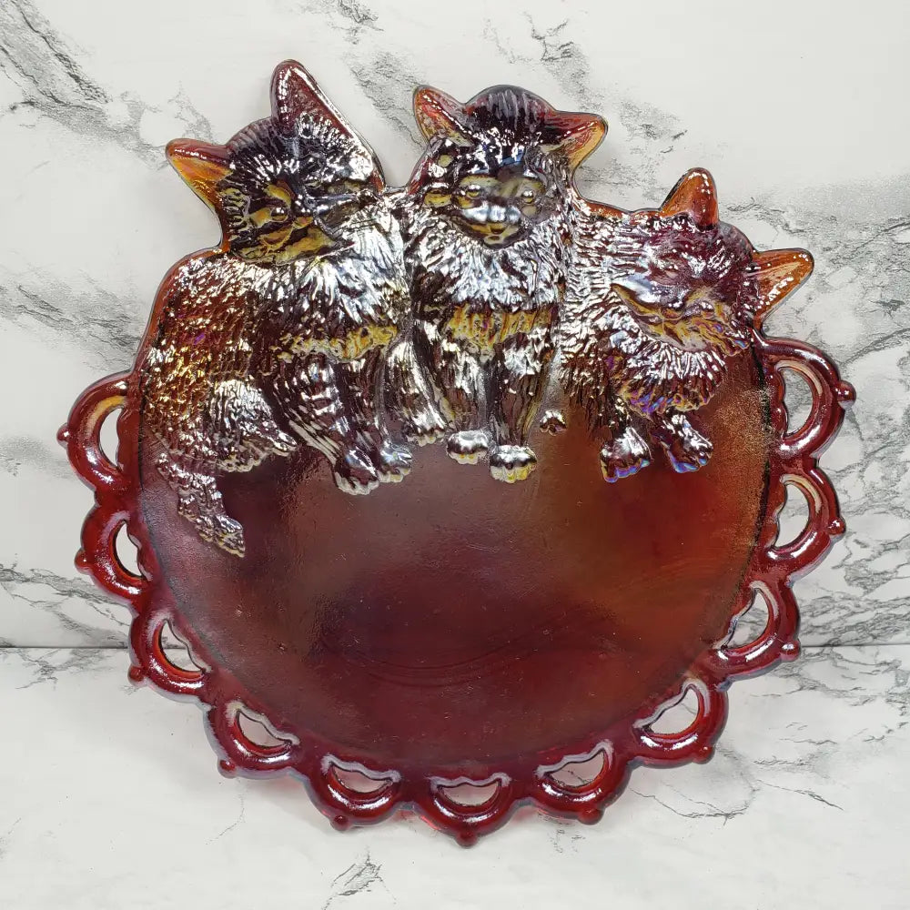 Westmoreland Kitten Vanity Tray Carnival Amberina Glass Vintage Decor