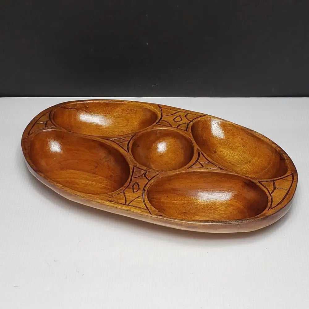 Wood Bowl Handmade 5 Compartment Vintage - Decor