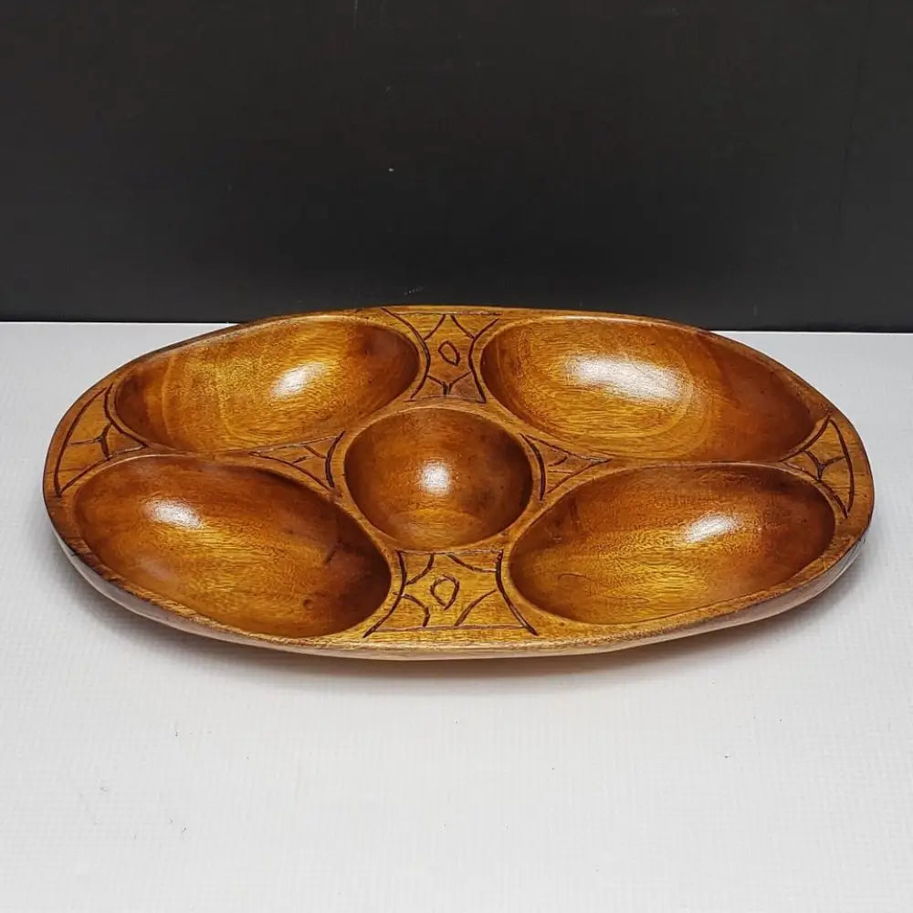 Wood Bowl Handmade 5 Compartment Vintage - Decor