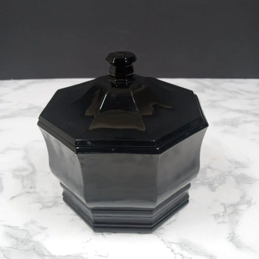 1930S Art Deco Black Amethyst Glass Octagon Lidded Dish ( Vintage ) Decor