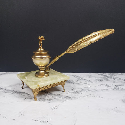 Hollywood Regency Cherub Brass & Marble Ink Well Quill Vintage