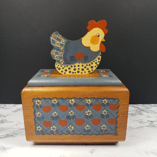 Recipe Card Box Chicken Handmade Solid Wood Vintage