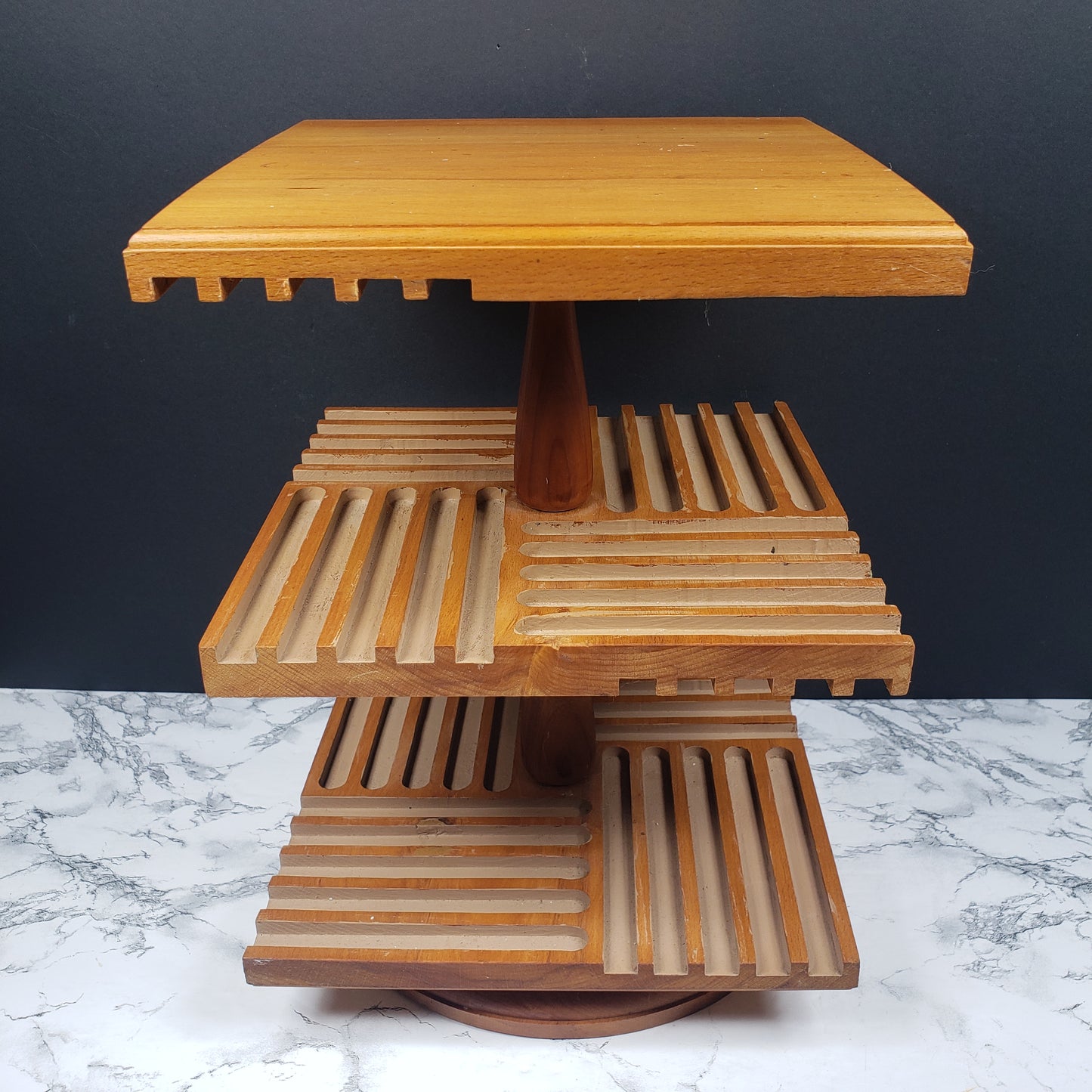 CD Rack Handmade Danish Modern Revolving Solid Wood Vintage
