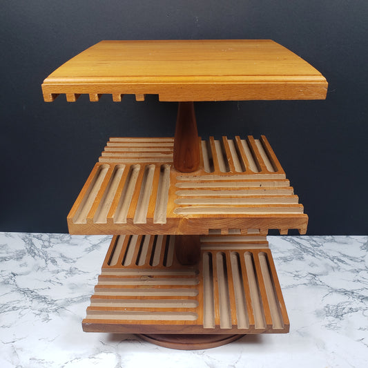 CD Rack Handmade Danish Modern Revolving Solid Wood Vintage