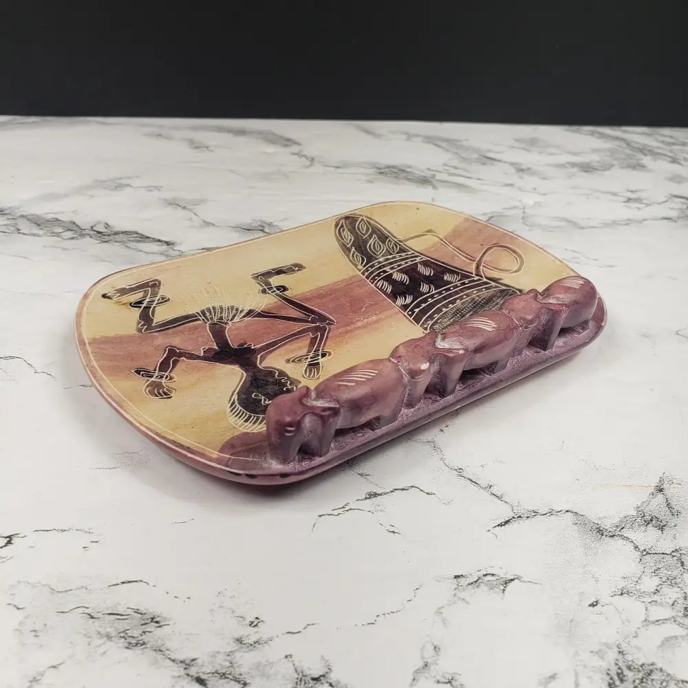 African Hand Carved Stone Elephant Trinket Dish Vintage Decor
