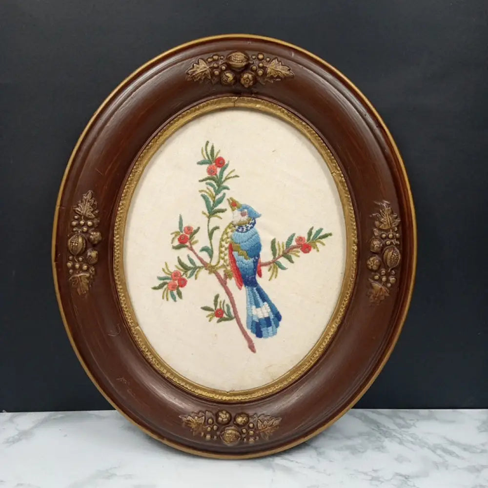 Antique Framed Blue Bird Needlepoint ( Vintage ) Decor