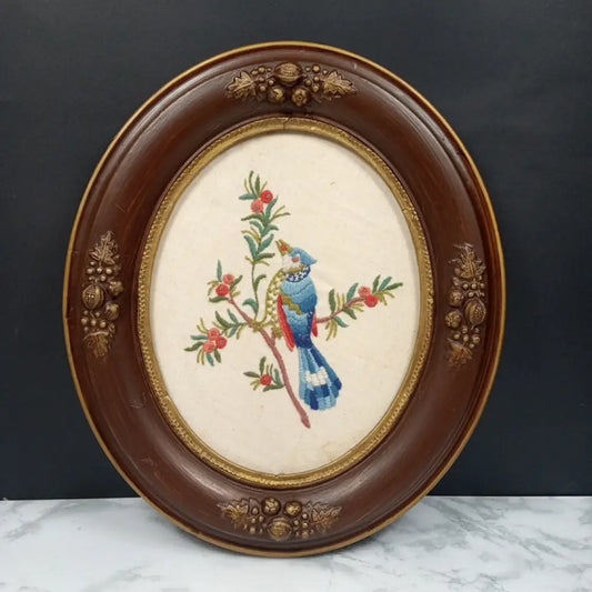 Antique Framed Blue Bird Needlepoint ( Vintage ) Decor
