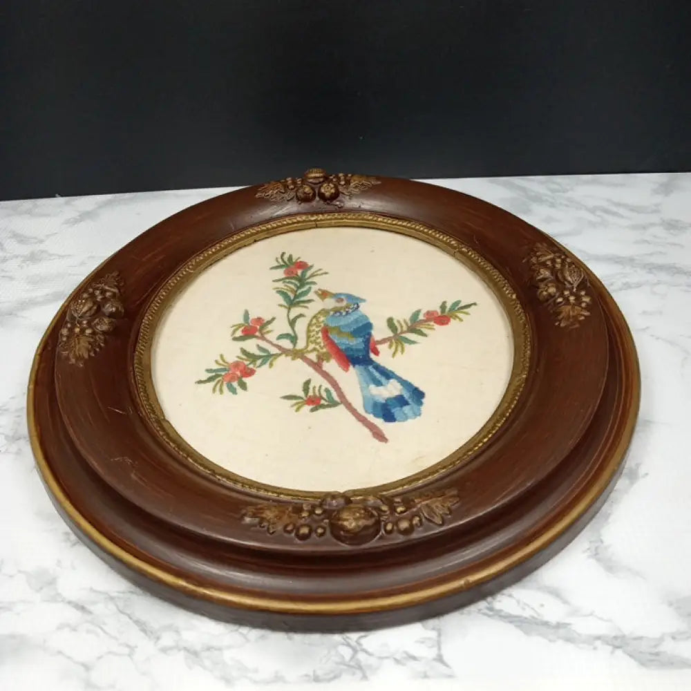 Antique Framed Blue Bird Needlepoint ( Vintage ) Decor