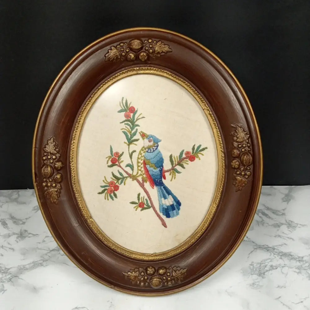 Antique Framed Blue Bird Needlepoint ( Vintage ) Decor