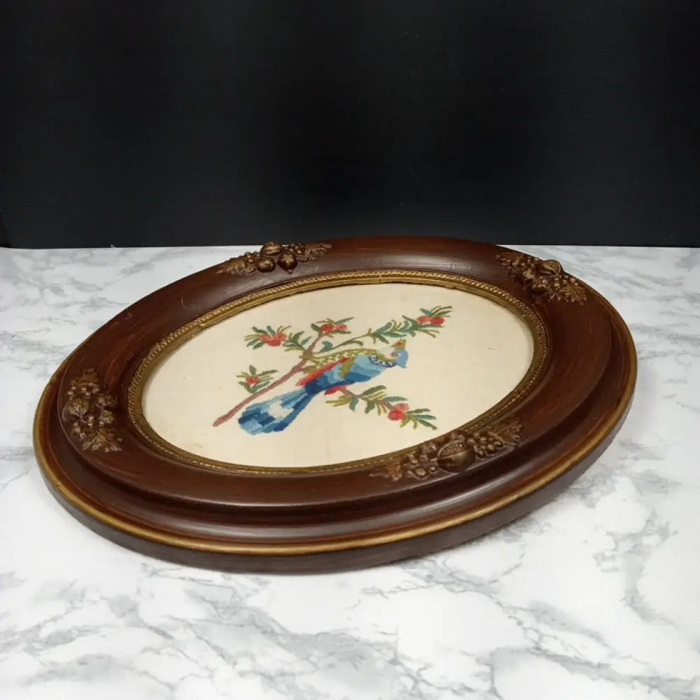 Antique Framed Blue Bird Needlepoint ( Vintage ) Decor