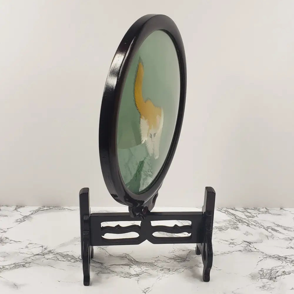 Asian Embroidered Cats Playing Wood Glass Vintage Decor