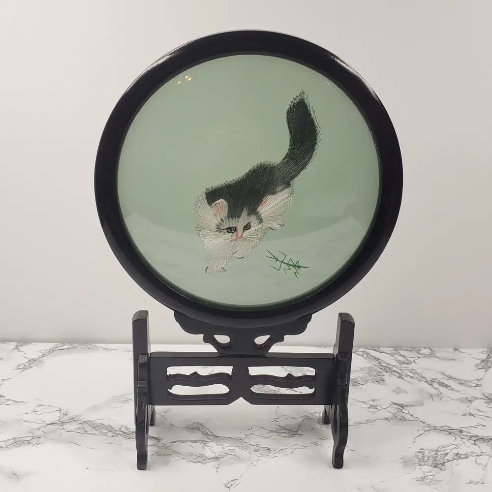 Asian Embroidered Cats Playing Wood Glass Vintage Decor