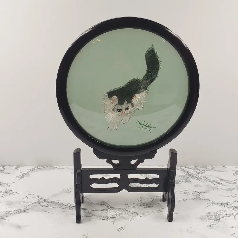 Asian Embroidered Cats Playing Wood Glass Vintage Decor