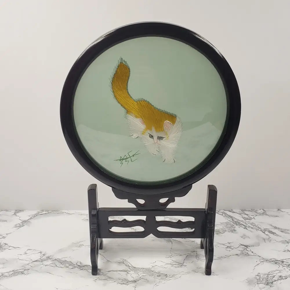 Asian Embroidered Cats Playing Wood Glass Vintage Decor