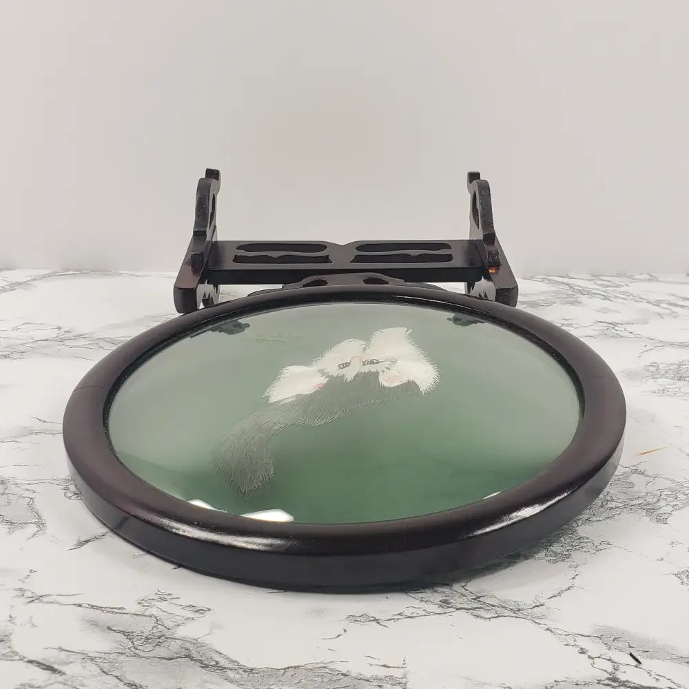 Asian Embroidered Cats Playing Wood Glass Vintage Decor