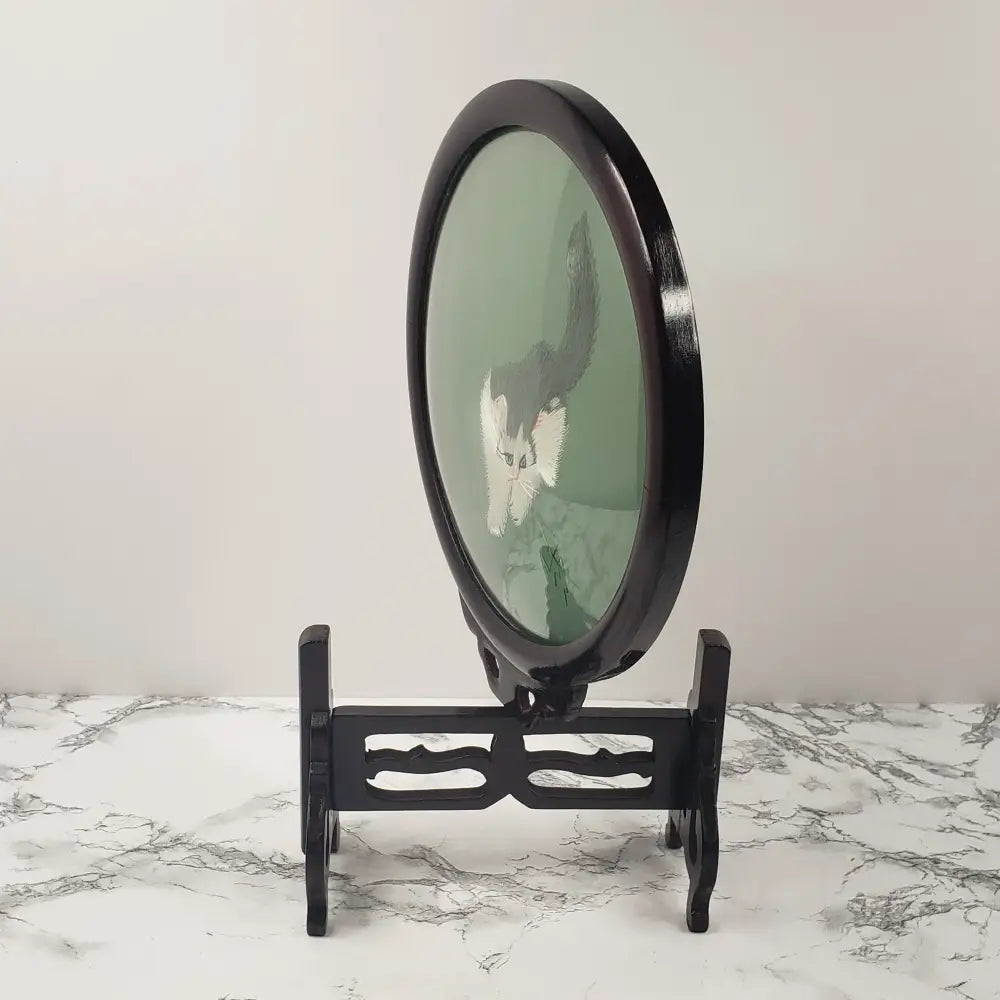 Asian Embroidered Cats Playing Wood Glass Vintage Decor