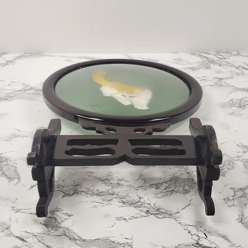 Asian Embroidered Cats Playing Wood Glass Vintage Decor