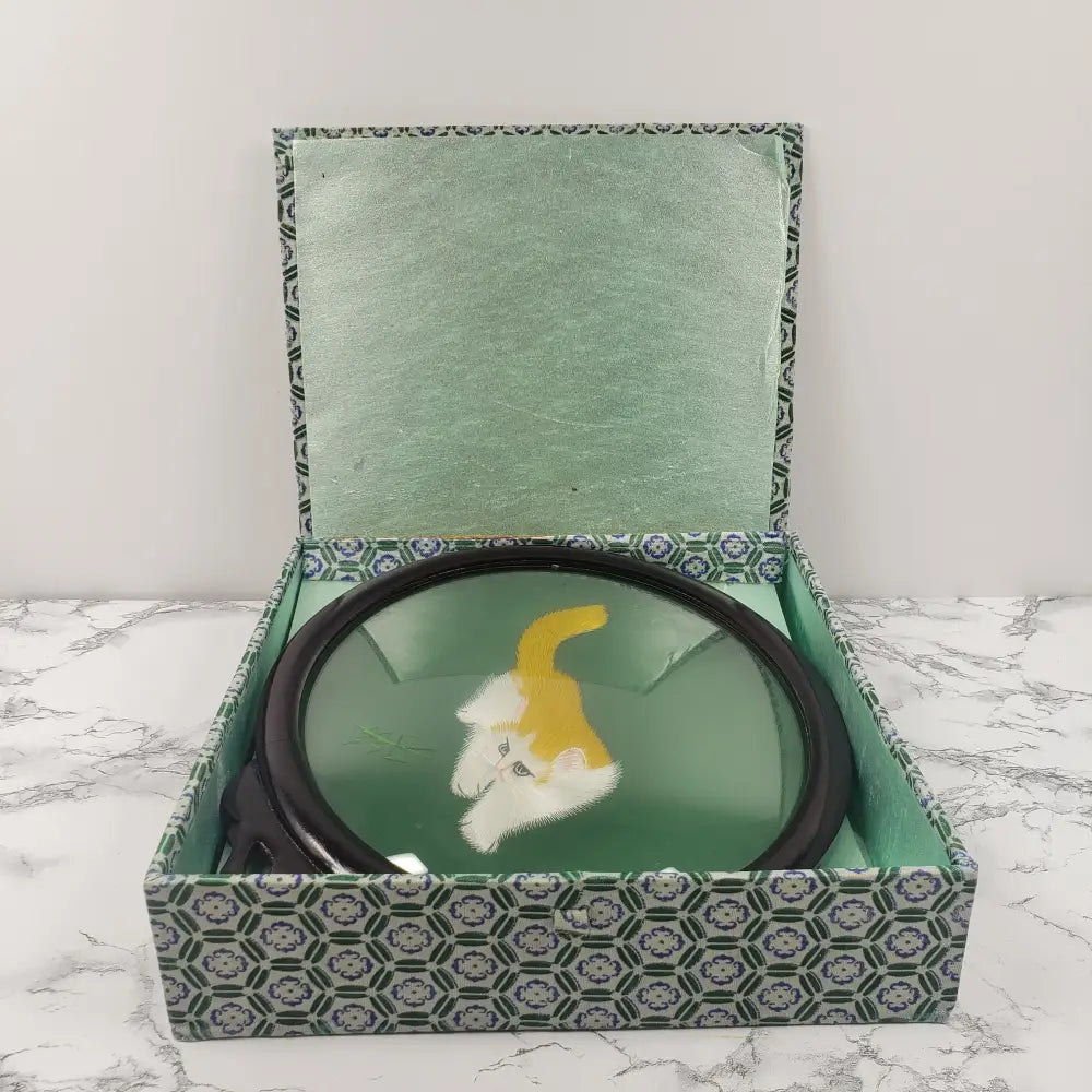 Asian Embroidered Cats Playing Wood Glass Vintage Decor
