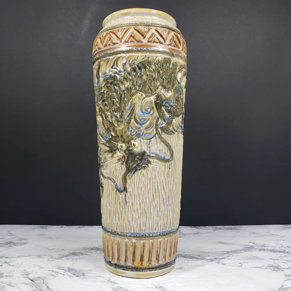 Asian Stoneware Dragon Vase Artist Signed Vintage Vases