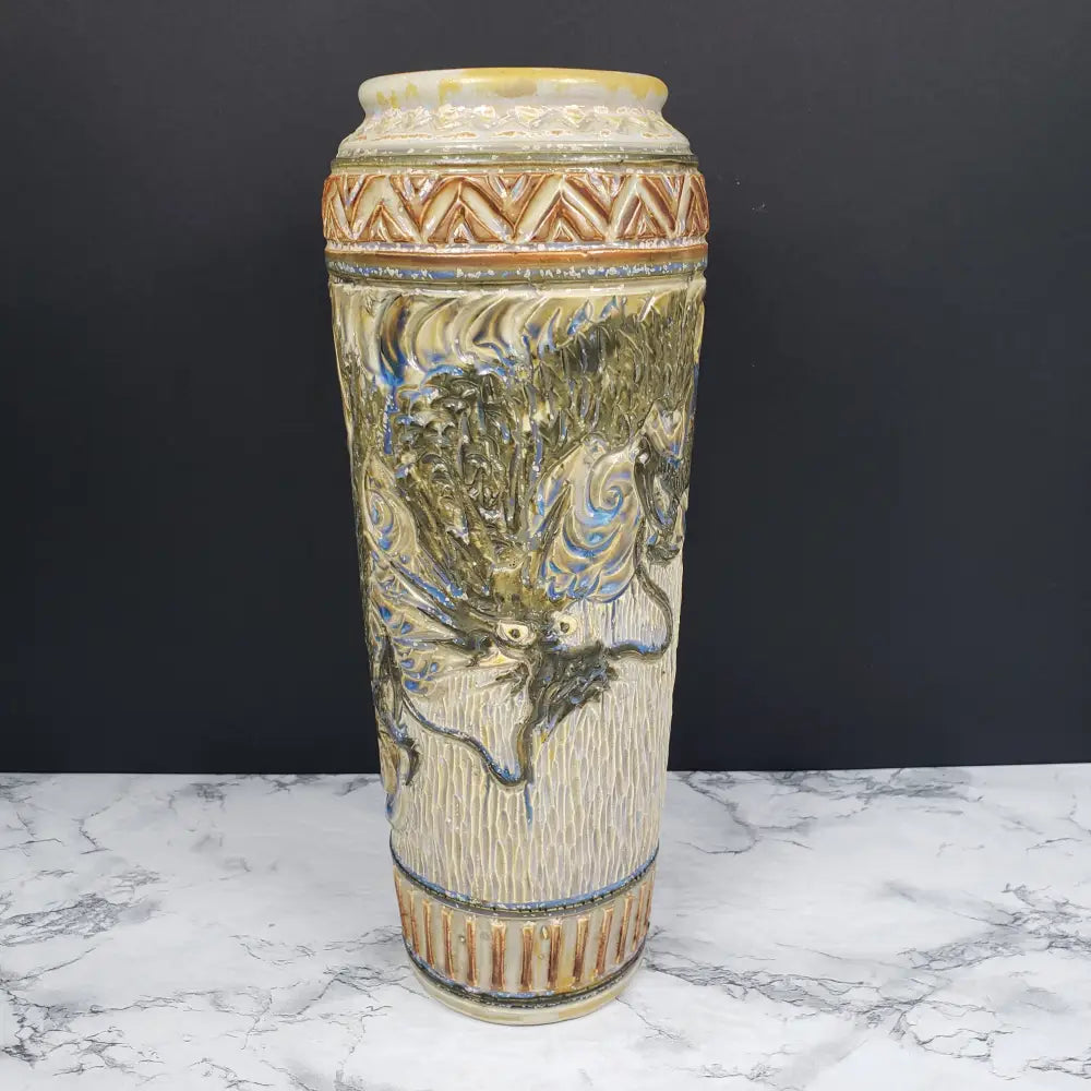 Asian Stoneware Dragon Vase Artist Signed Vintage Vases