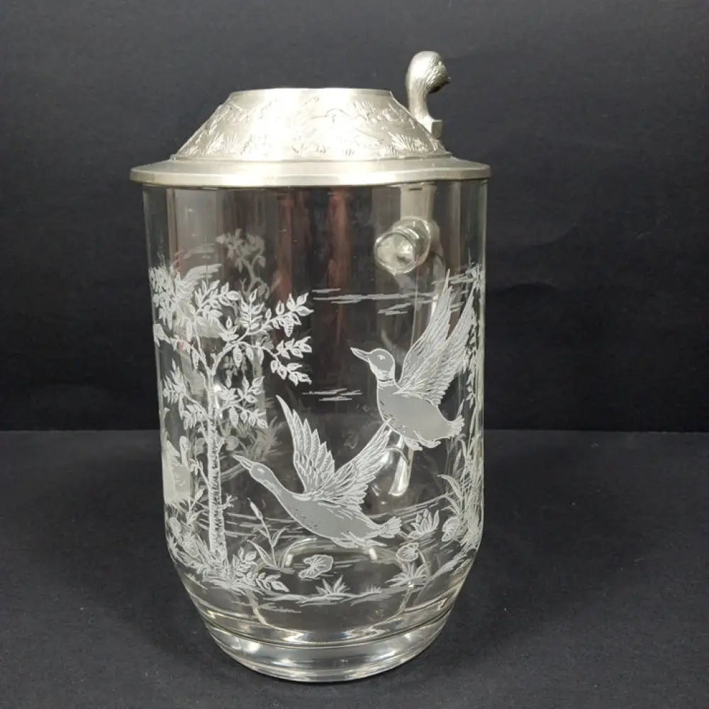 Etched Glass & Pewter Ducks Beer Stein ( Vintage ) Decor