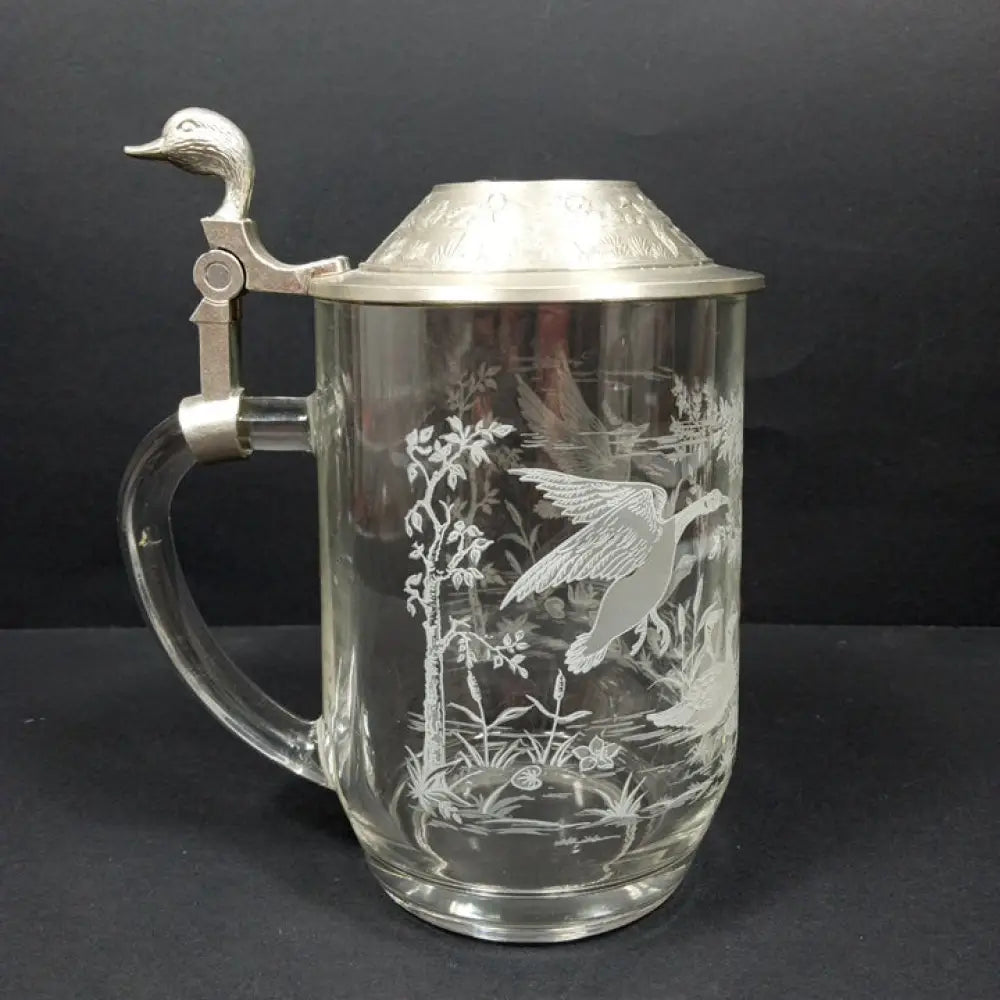 Etched Glass & Pewter Ducks Beer Stein ( Vintage ) Decor