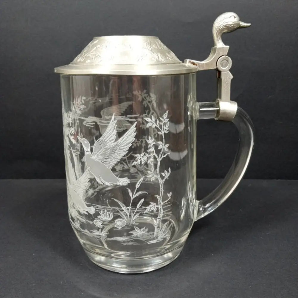 Etched Glass & Pewter Ducks Beer Stein ( Vintage ) Decor