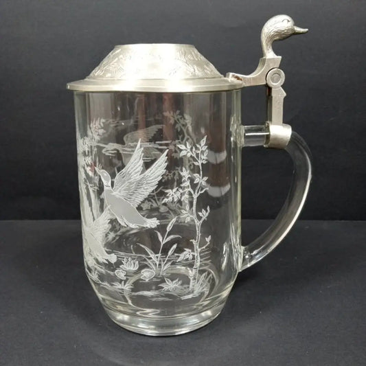 Etched Glass & Pewter Ducks Beer Stein ( Vintage ) Decor