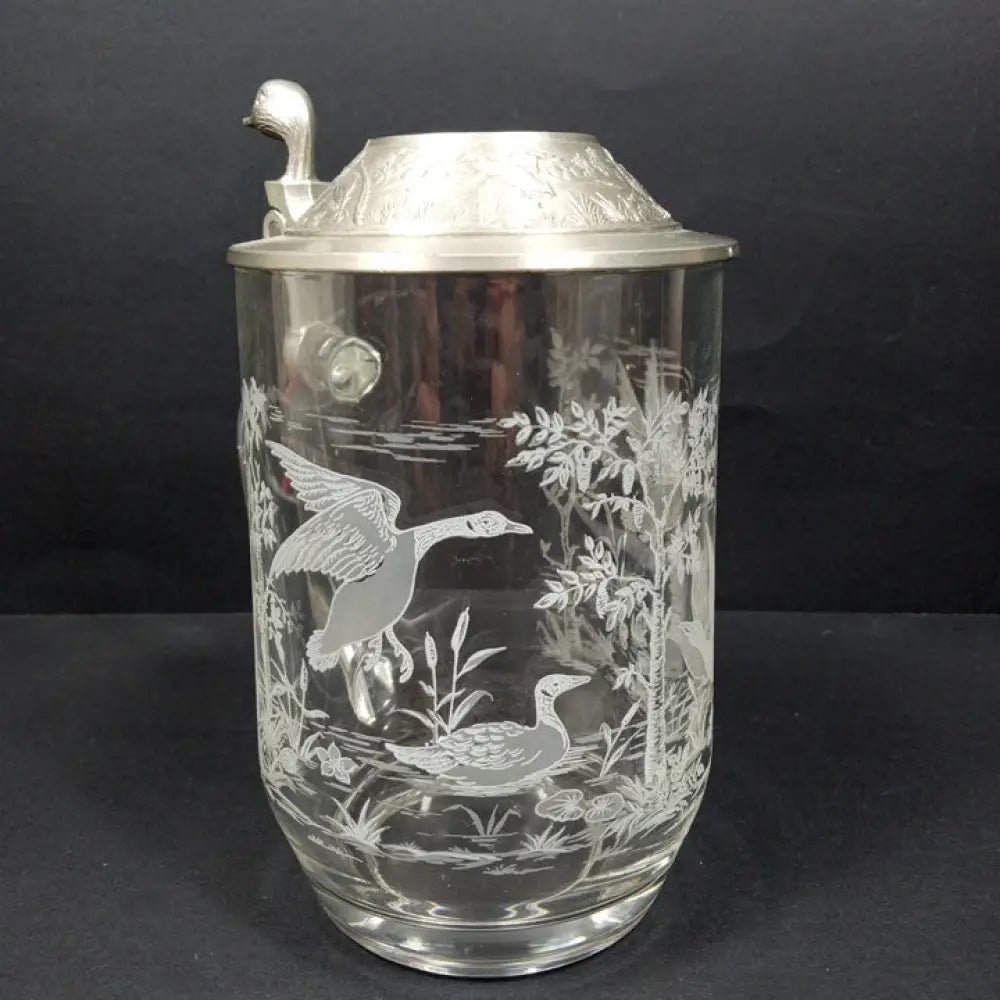 Etched Glass & Pewter Ducks Beer Stein ( Vintage ) Decor