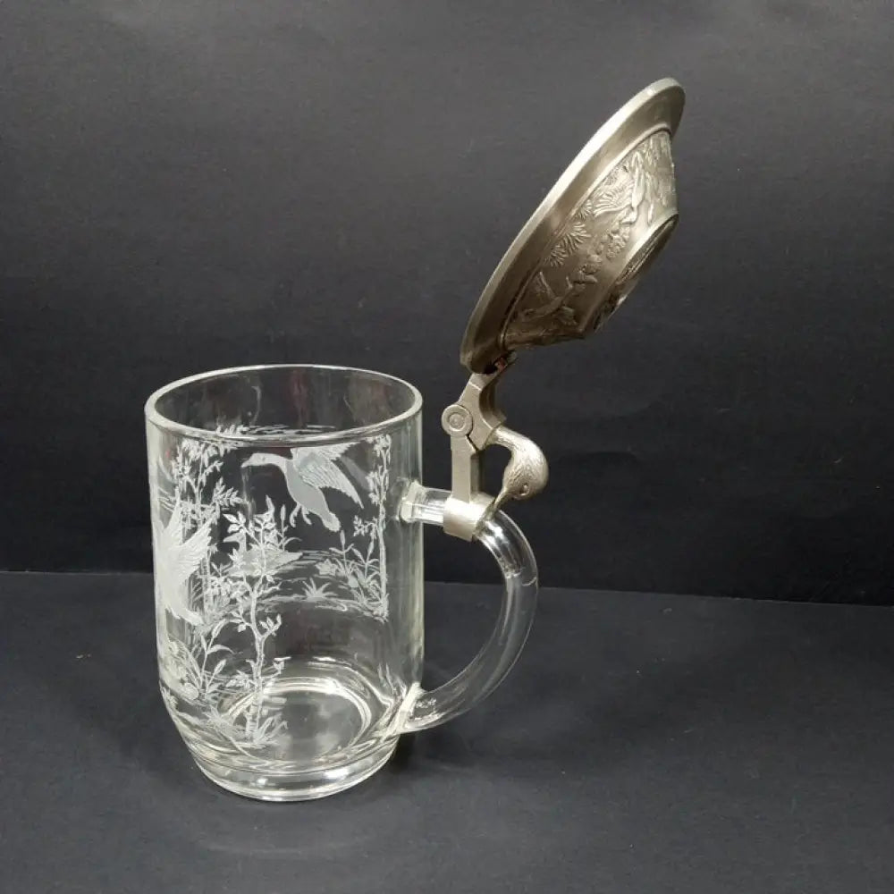 Etched Glass & Pewter Ducks Beer Stein ( Vintage ) Decor