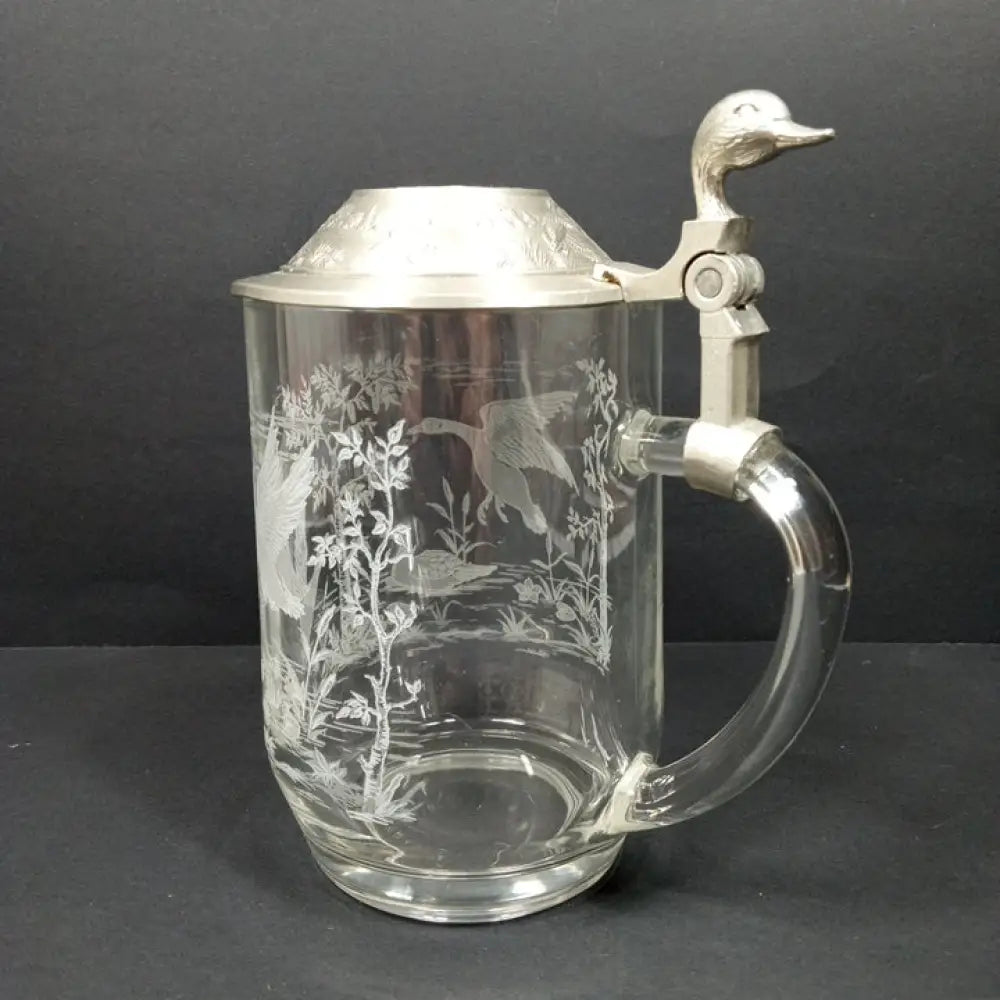Etched Glass & Pewter Ducks Beer Stein ( Vintage ) Decor