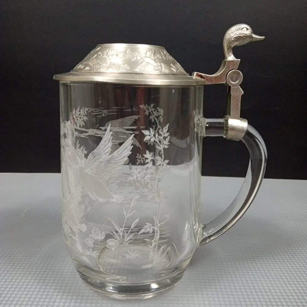 Etched Glass & Pewter Ducks Beer Stein ( Vintage ) Decor