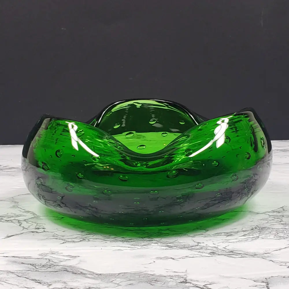Blenko Bullicante Emerald Glass Crimped Rim Bowl Vintage Decor