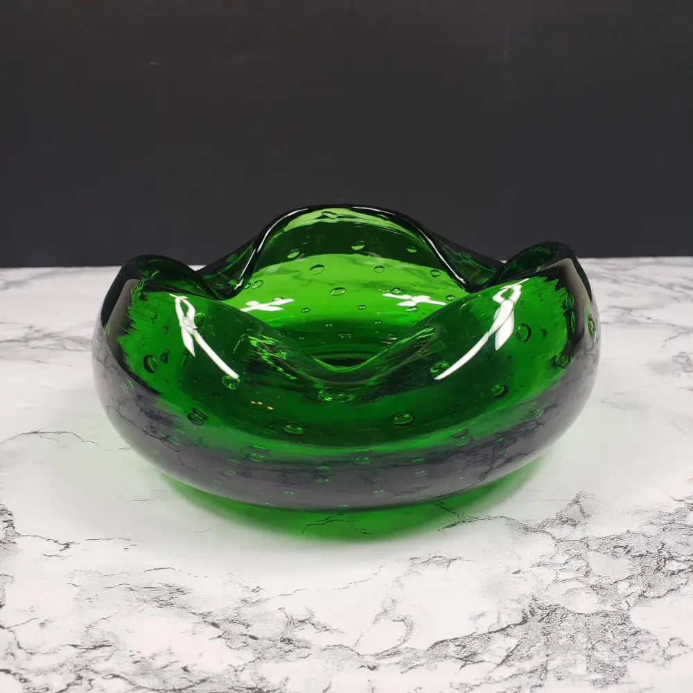 Blenko Bullicante Emerald Glass Crimped Rim Bowl Vintage Decor