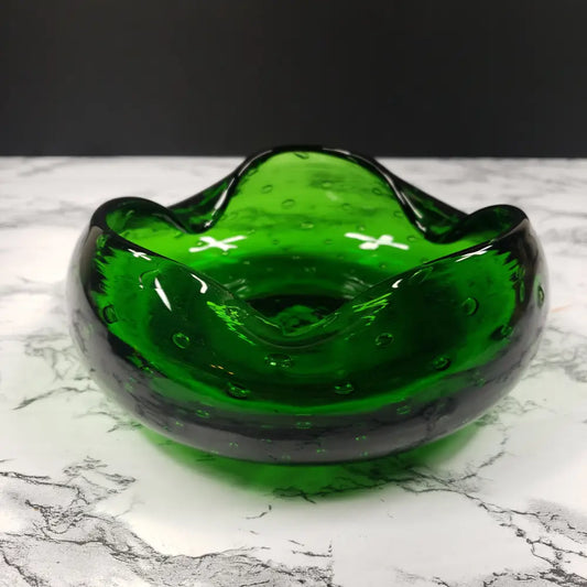 Blenko Bullicante Emerald Glass Crimped Rim Bowl Vintage Decor