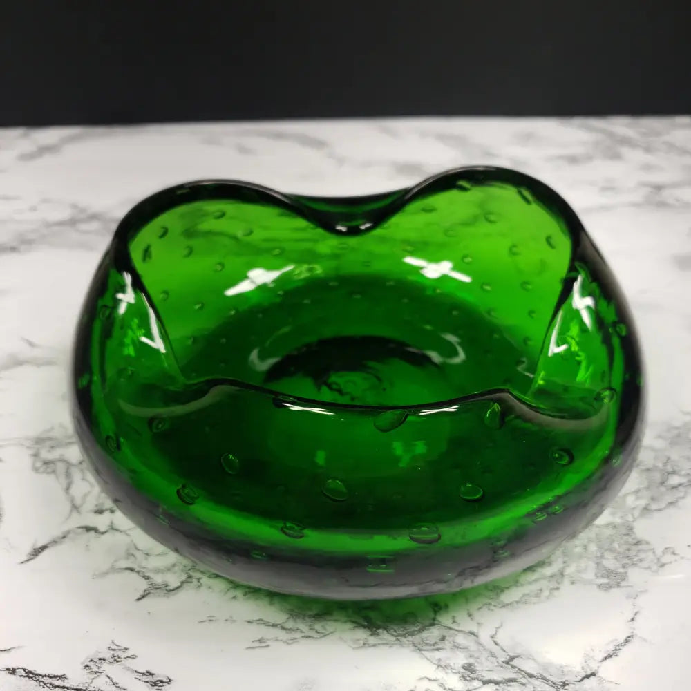 Blenko Bullicante Emerald Glass Crimped Rim Bowl Vintage Decor