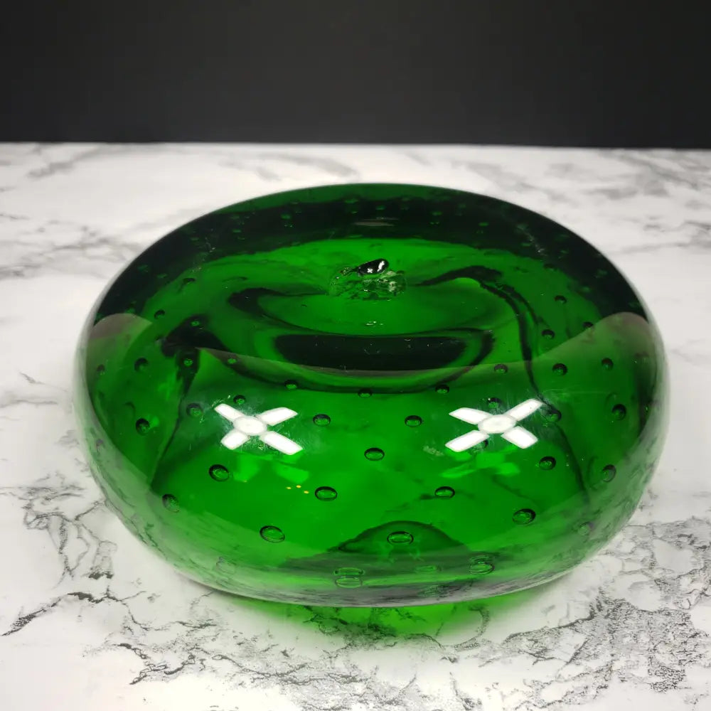 Blenko Bullicante Emerald Glass Crimped Rim Bowl Vintage Decor