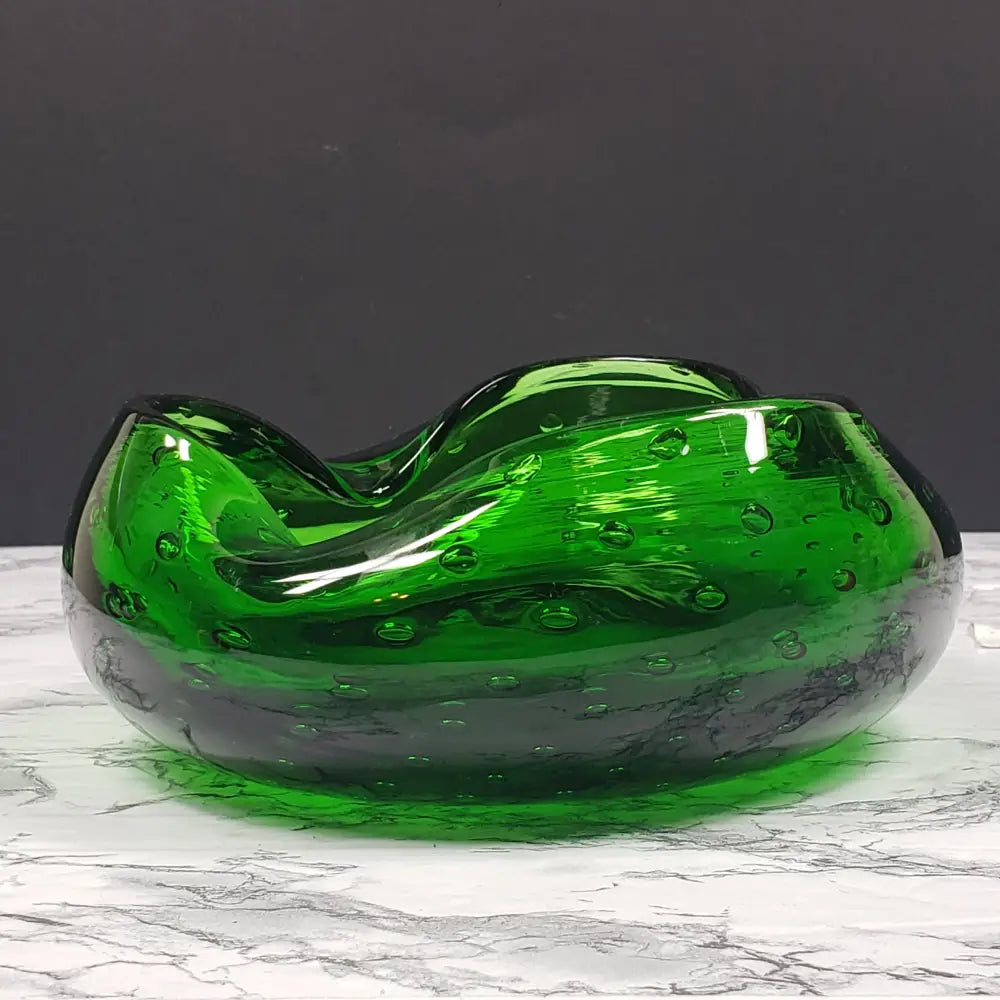 Blenko Bullicante Emerald Glass Crimped Rim Bowl Vintage Decor