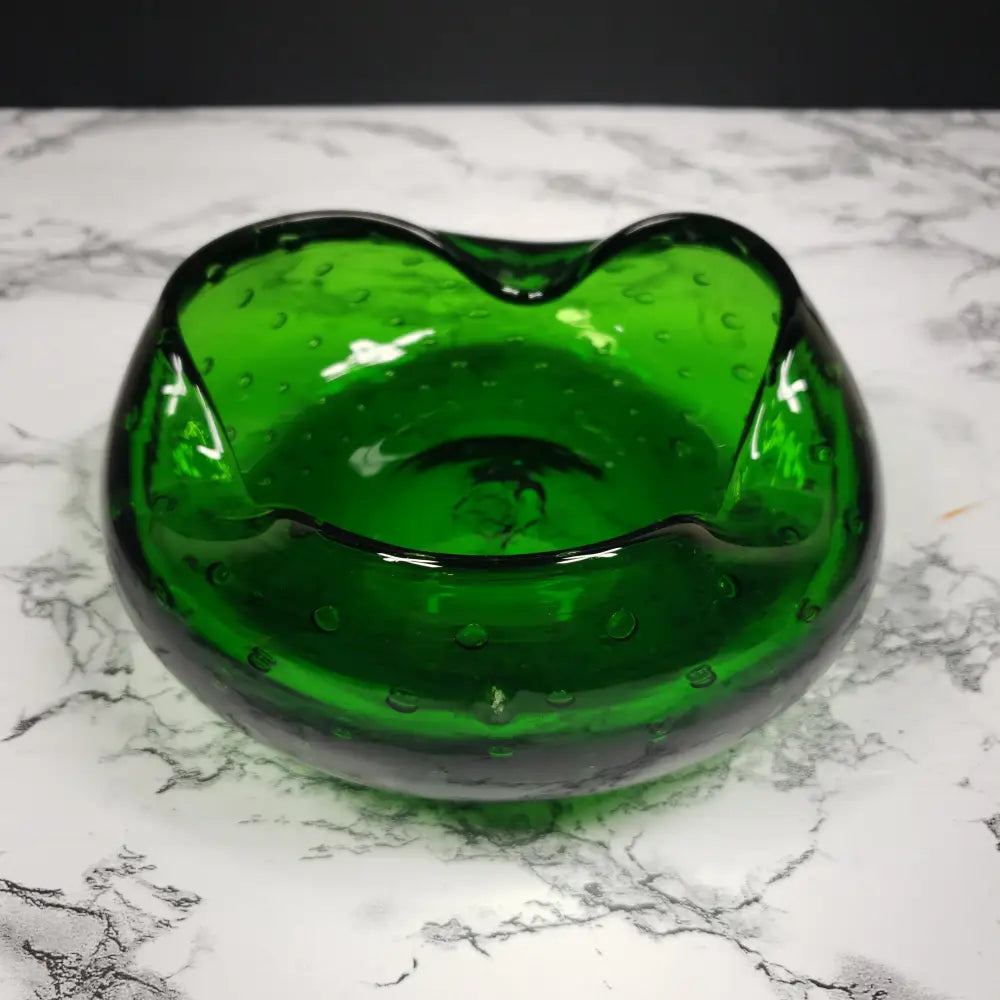 Blenko Bullicante Emerald Glass Crimped Rim Bowl Vintage Decor
