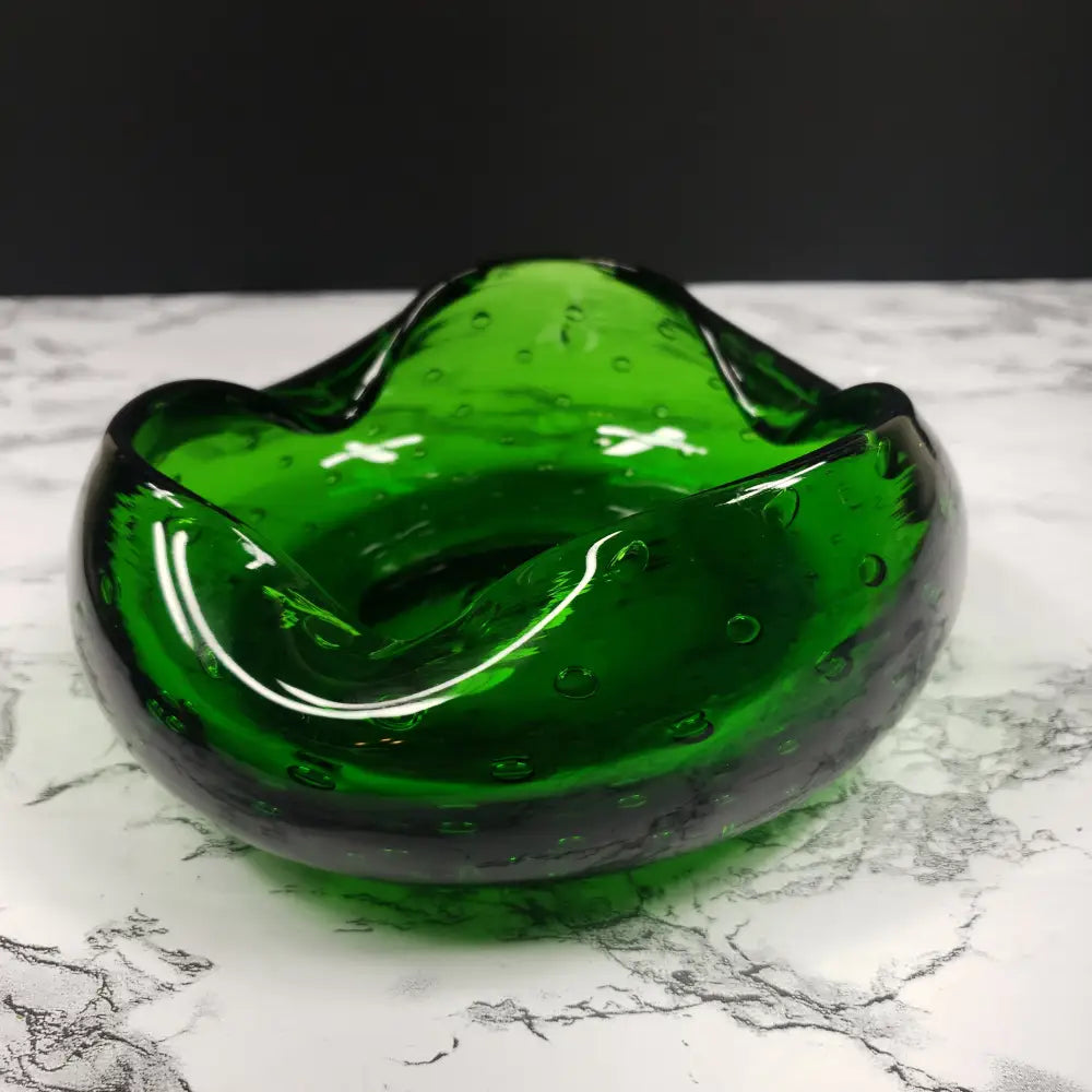 Blenko Bullicante Emerald Glass Crimped Rim Bowl Vintage Decor