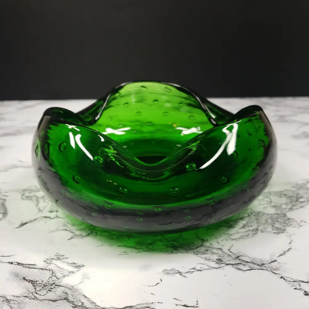 Blenko Bullicante Emerald Glass Crimped Rim Bowl Vintage Decor