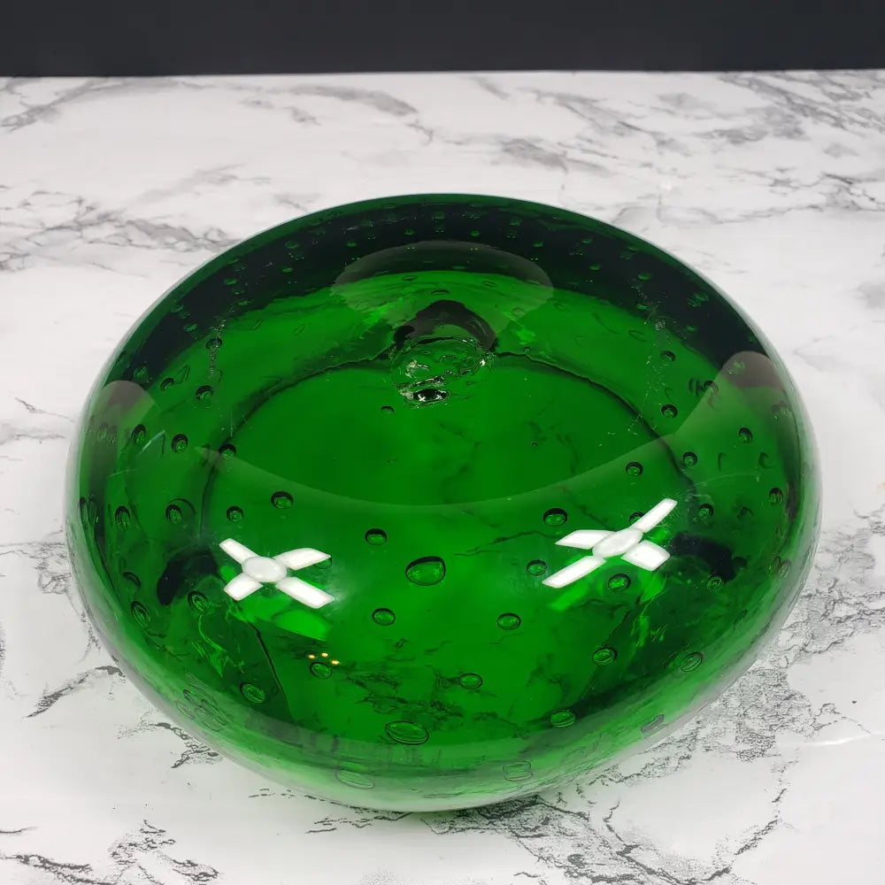 Blenko Bullicante Emerald Glass Crimped Rim Bowl Vintage Decor