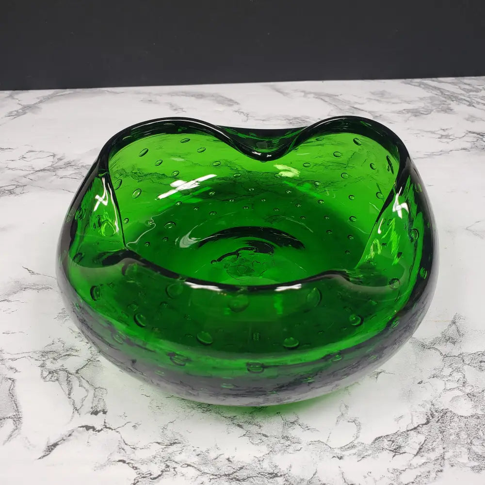 Blenko Bullicante Emerald Glass Crimped Rim Bowl Vintage Decor